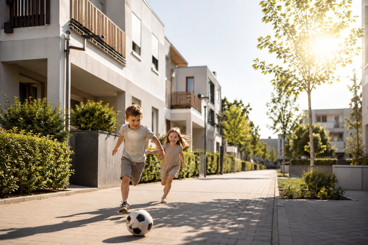 Visualisierung: spielende Kinder auf einer Wohnstraße im Quartier.