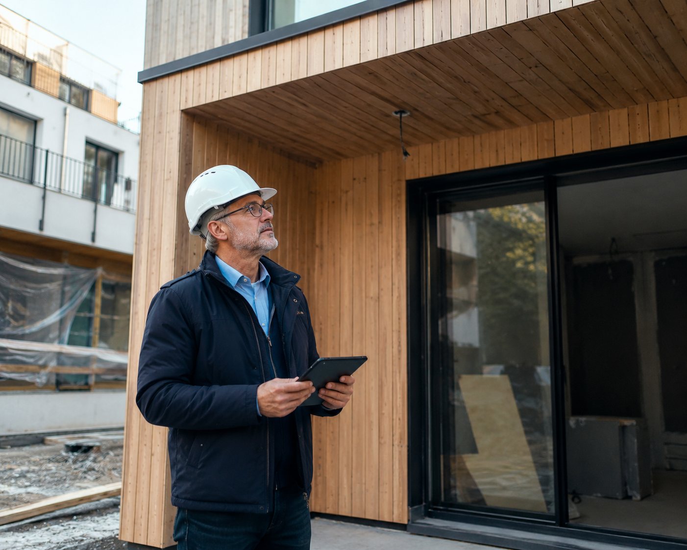 Visualisierung: Projektverantwortlicher mit Bauhelm und Tablet auf der Baustelle des Quartiers.