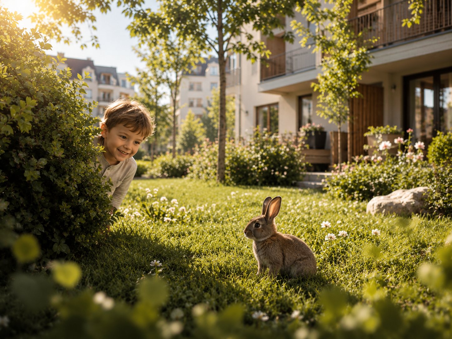 Visualisierung: naturnaher, blühender Gartenbereich im Quartier in der Abendsonne.