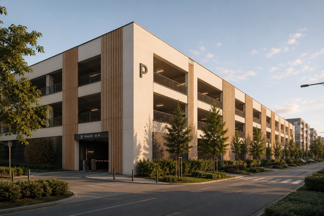 Visualisierung: Parkhaus mit Mobilitäts-Hub und Holzfassade.