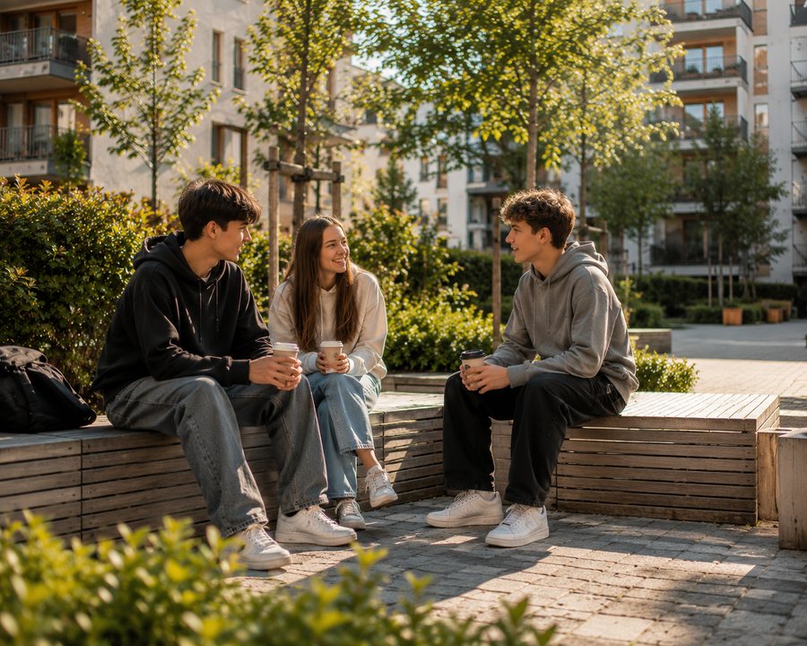 Visualisierung: Quartierstreff mit Menschen auf Bänken im begrünten Außenbereich.