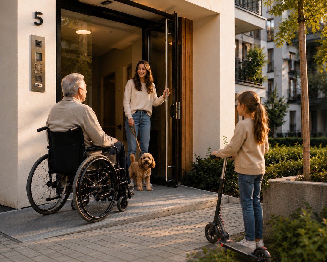Visualisierung: barrierefreier, ebenerdiger Hauszugang — eine ältere Person im Rollstuhl wird begrüßt, ein Kind mit Roller, ein Hund.